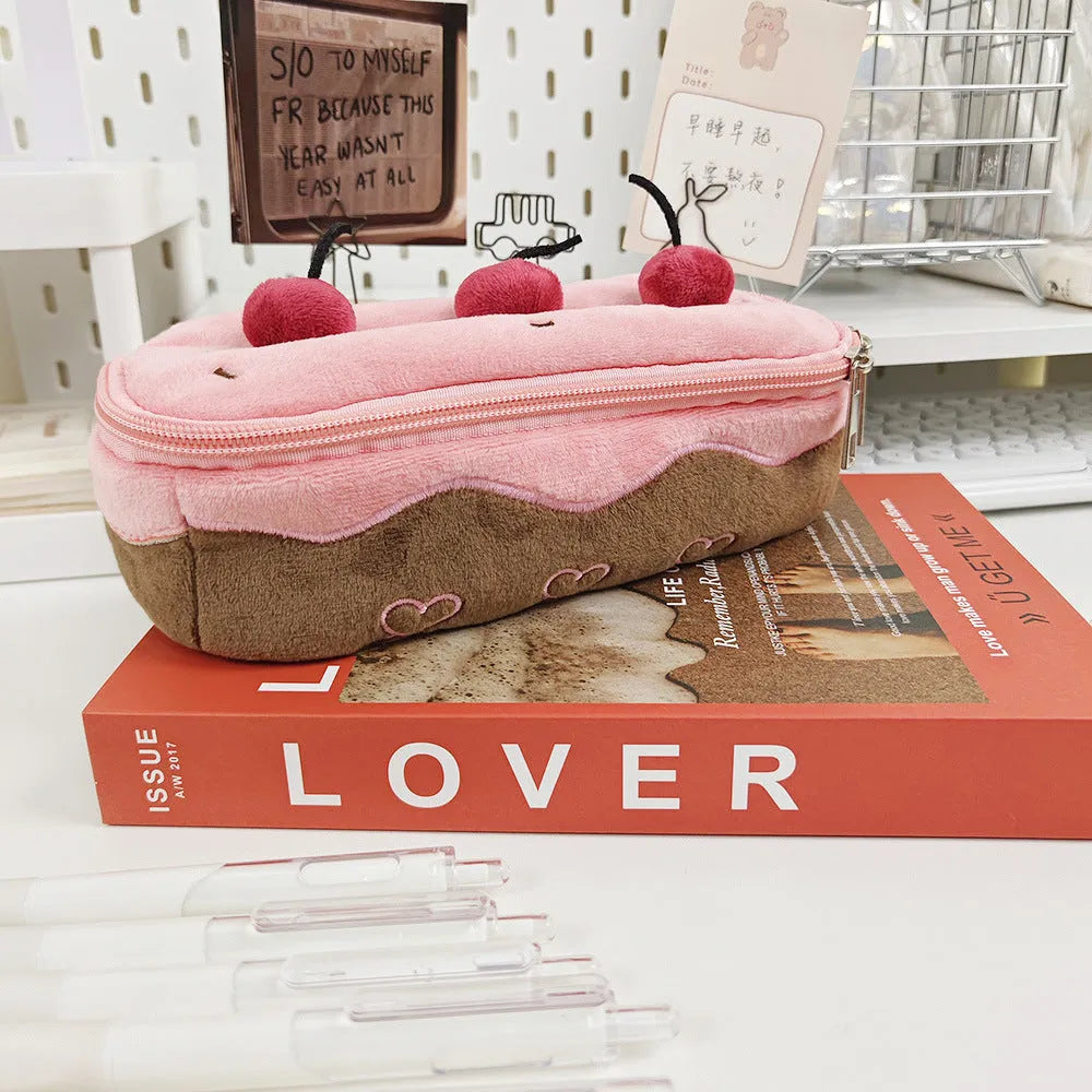 Cherry cake plush velvet pencil case with zip closure in Korean style