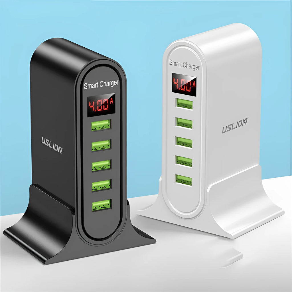 Smart LED digital display USB wall charger in black showing voltage readouts