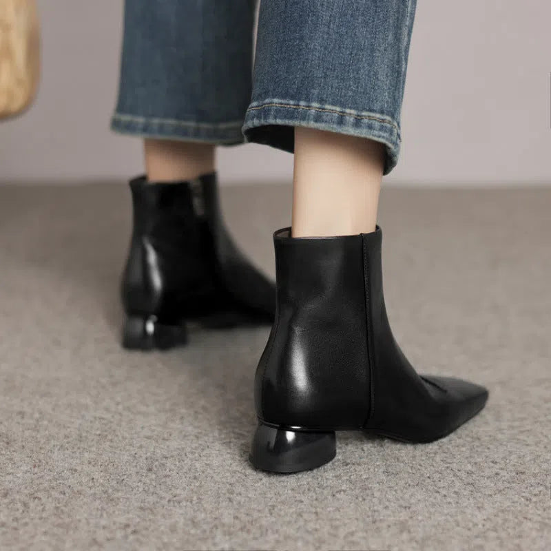 Women's cowhide leather square toe boot with side zipper and chunky heel in black