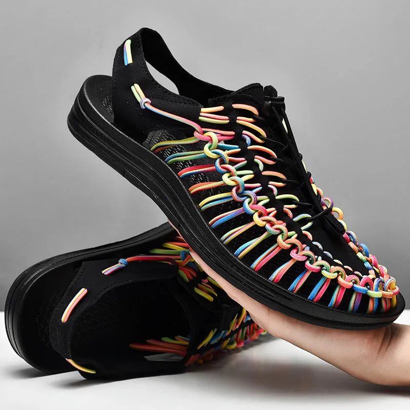 Woven drawstring tie Roman sandals in rainbow colour with elastic closure and rubber sole