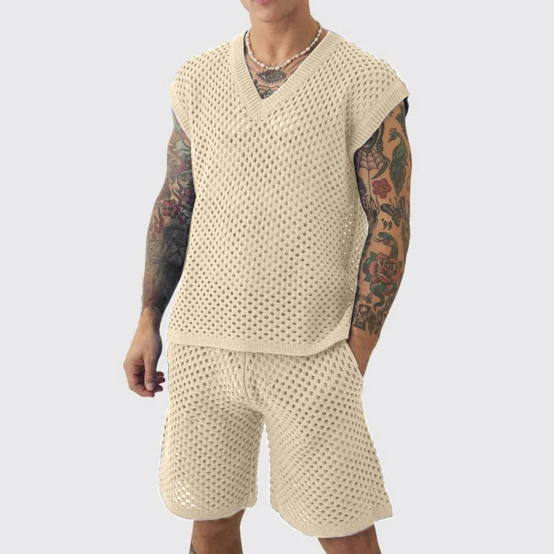Men's blue knitted V-neck vest and shorts summer sports suit set