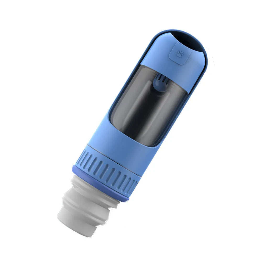 Portable dog water bottle with built-in travel bowl in dark blue, white, or yellow colours