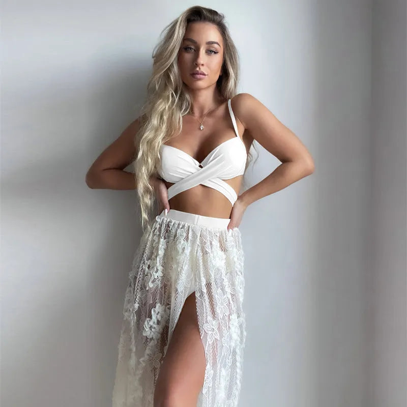 Three-piece backless push-up bikini set in creamy white colour with skirt component