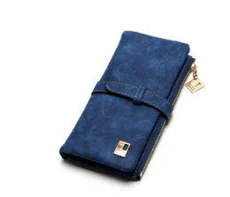Korean-style retro matte Pu leather long wallet with two-fold draw design and zip closure