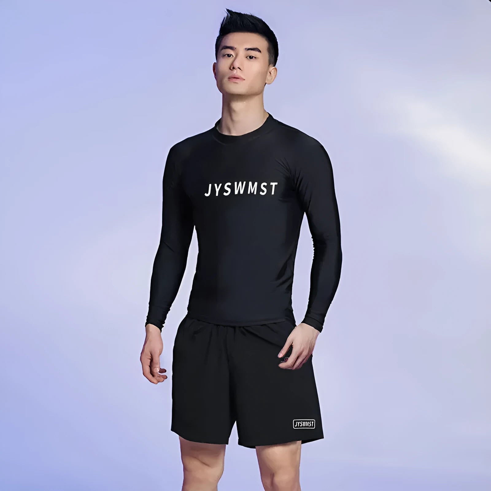 Men's polyester swimsuit set with matching top and trousers in multiple colour options