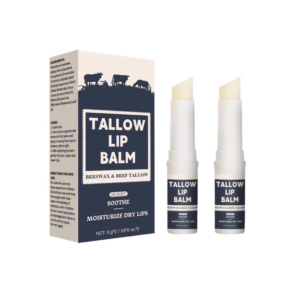 Two beef tallow lip balm sticks with light grain texture for soft, full lips