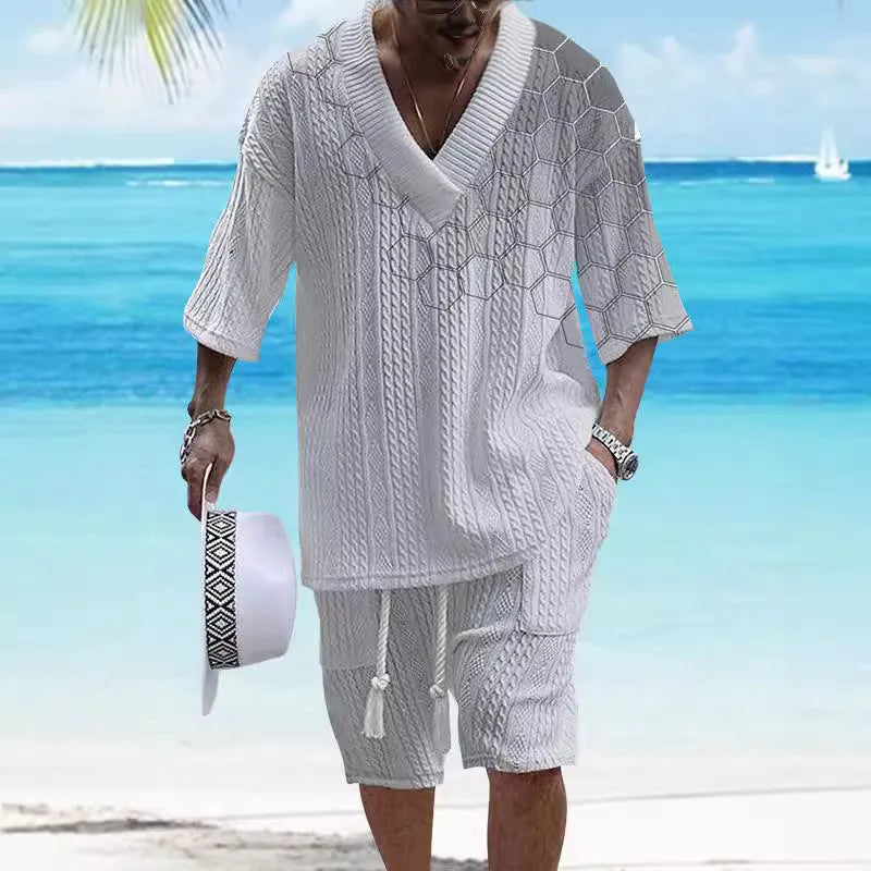 Printed men's knitted short-sleeved top and matching shorts in a drop-shoulder design.