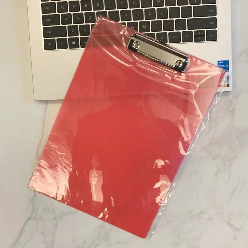 Transparent A4 plate holder with metal clip showing document visibility and colour options