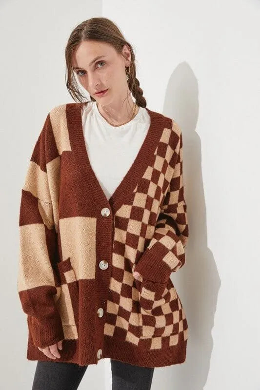 Grey printed checks knitwear cardigan on a model, showing loose slim fit and regular sleeves.