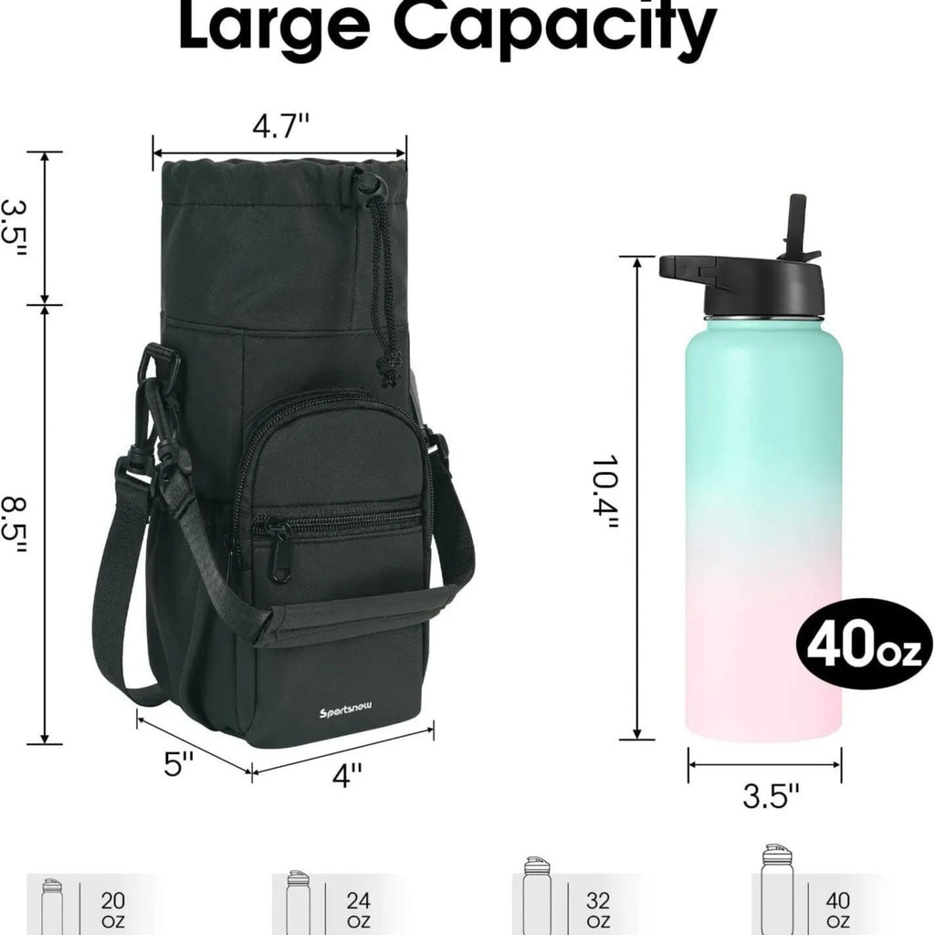 Cloth water bottle pouch crossbody bag with adjustable strap in black, green, and pink.