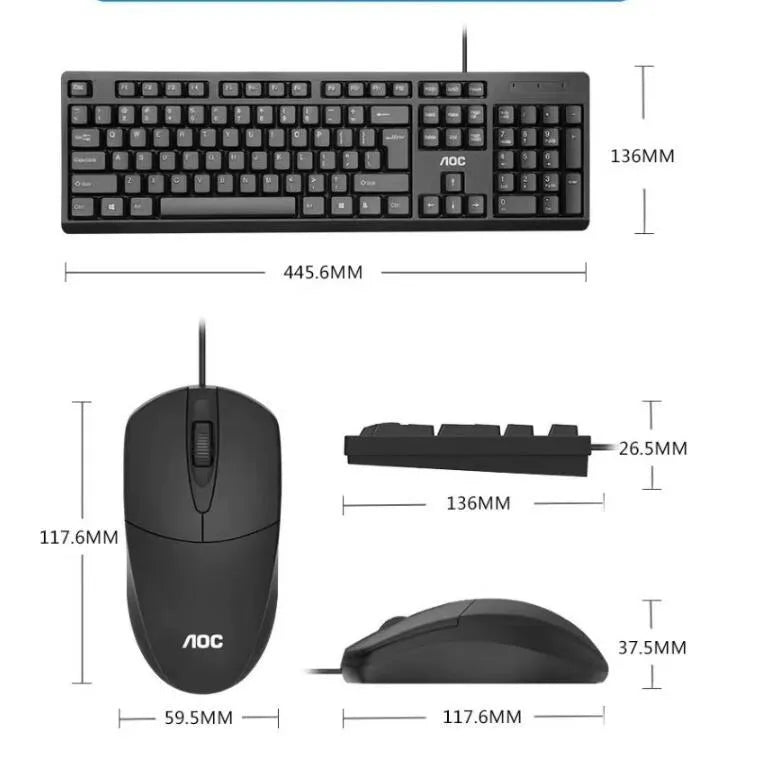 Black wired USB keyboard and mouse set KM160 with 1.5m cable and photoelectric 1000dpi mouse