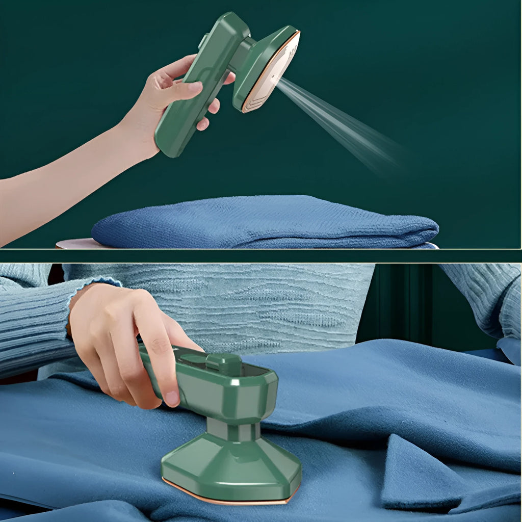 Dark green portable hanging steam iron machine with ceramic panel and compact design.