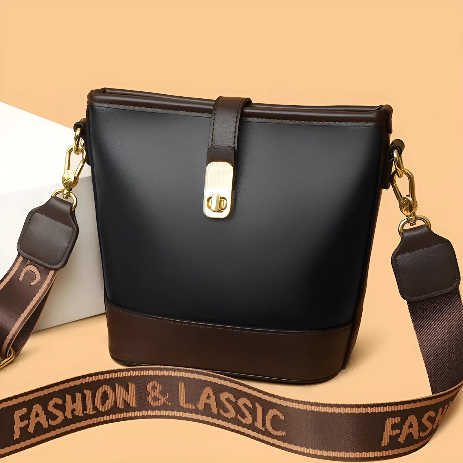 Korean style black bucket messenger bag with double shoulder straps and internal compartments