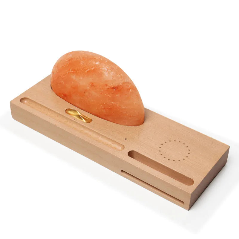 Wireless charging table lamp with natural crystal salt shade on solid beech wood base