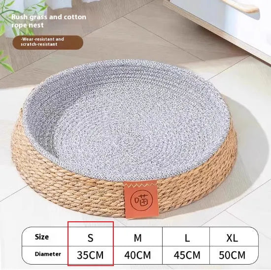 Circular rattan cat bed nest with woven sides, showing breathable construction for pet resting