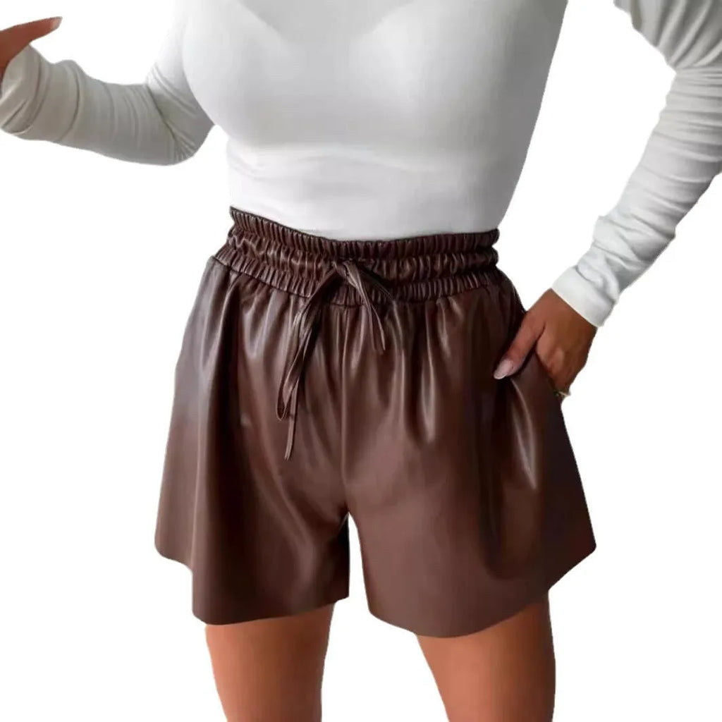 Women's black PU leather shorts with drawstring lace-up waist and wide-leg straight-leg styling