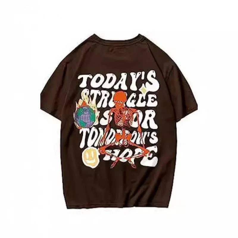 Men's grey printed short-sleeved casual t-shirt on a hanger