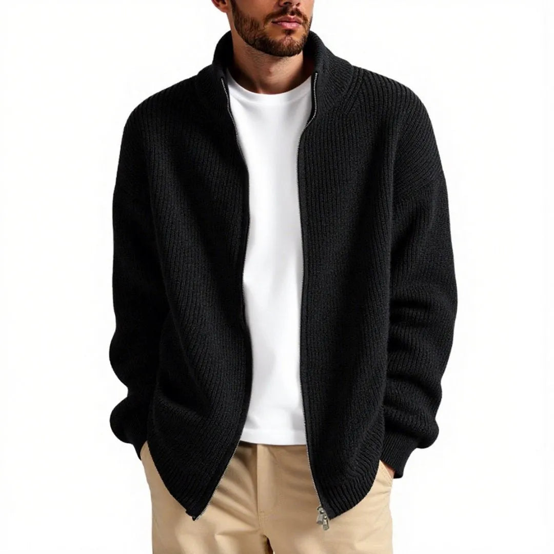 Men's loose-fit cardigan sweater coat in chemical fibre blend available in beige, black, gray, green, and navy blue