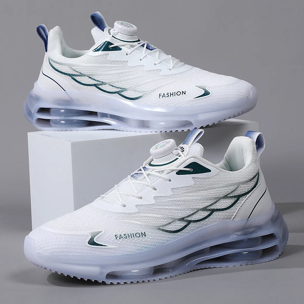 White rotating button youth sports casual shoes with mesh upper and rubber sole.