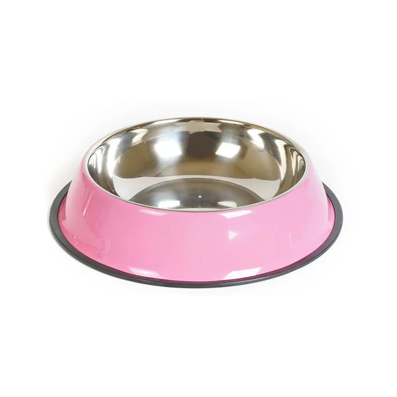 Stainless steel and colourful melamine pet bowl with a non-slip rubber base.