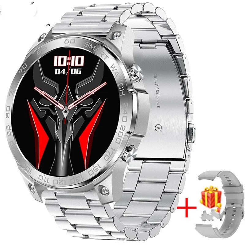 Bluetooth sports watch with circular AMOLED screen showing fitness data on silicone strap