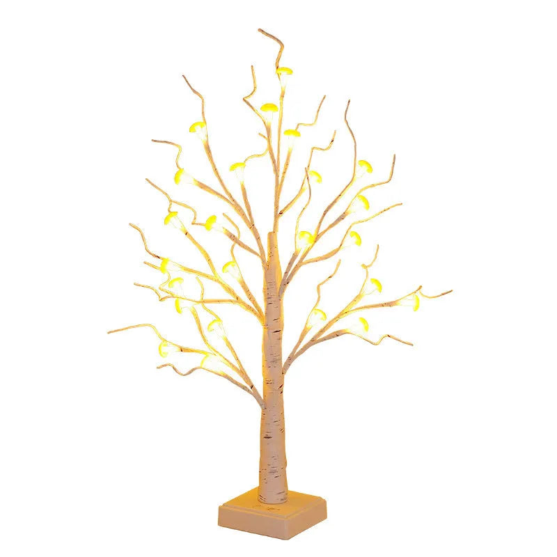 60cm tall birch tree LED lamp with 24 mushroom flowers, warm light, detachable base