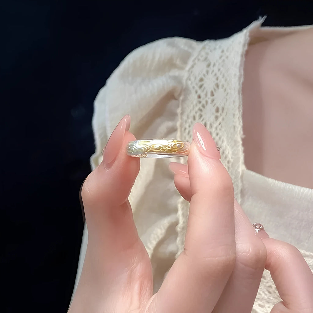 Adjustable open mouth white copper ring with J14 Xiangyun pattern and silver gold electroplated finish.