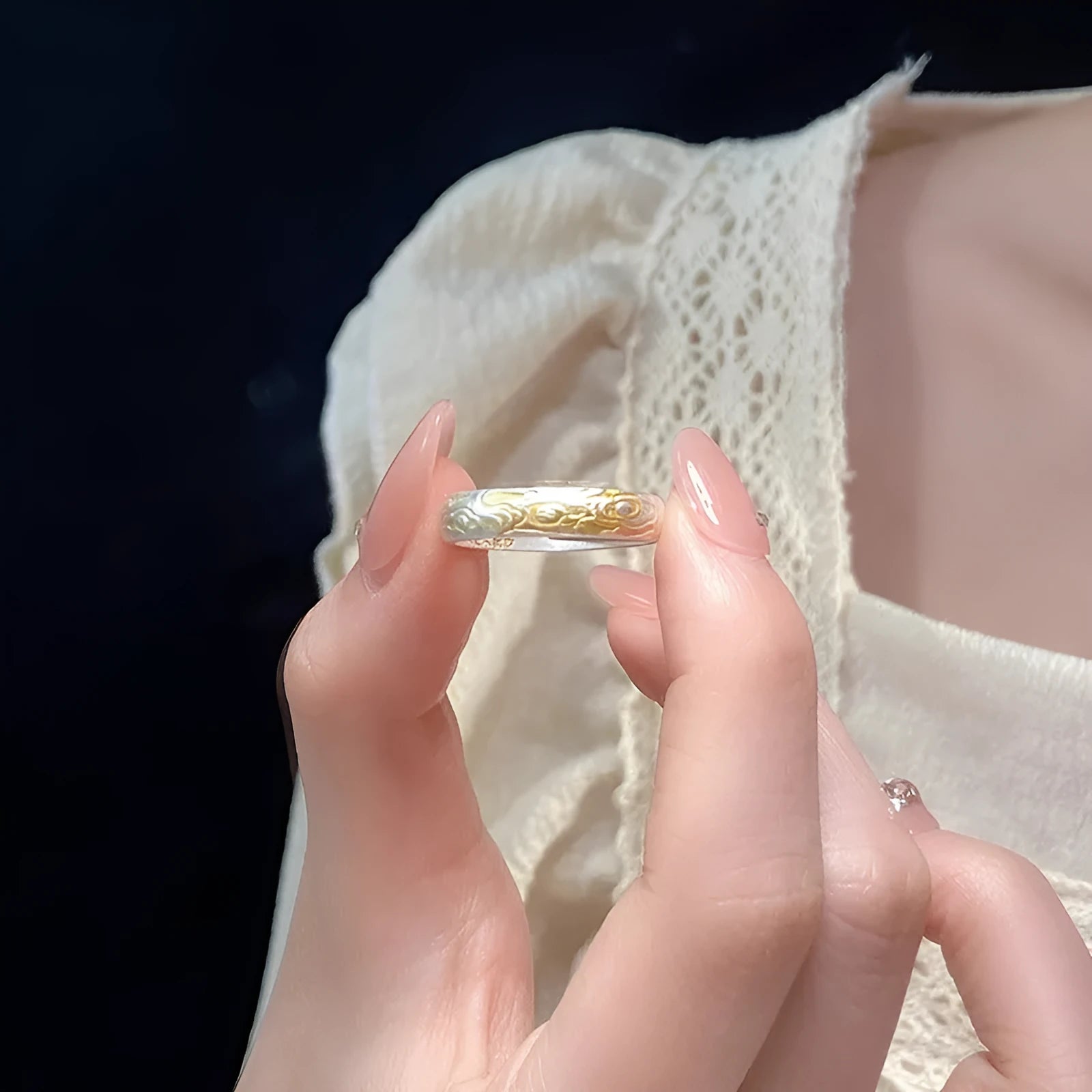Adjustable open mouth white copper ring with J14 Xiangyun pattern and silver gold electroplated finish.