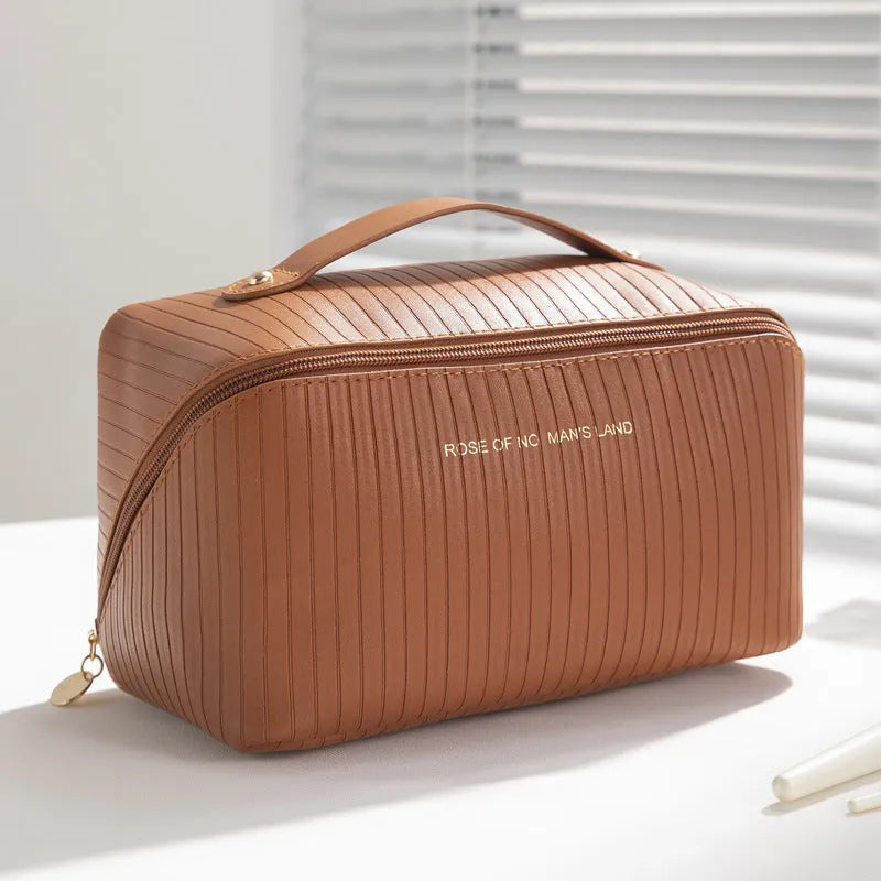 Cubic PU makeup bag with vertical pattern pillow design in beige, black, brown, grey, pink colours