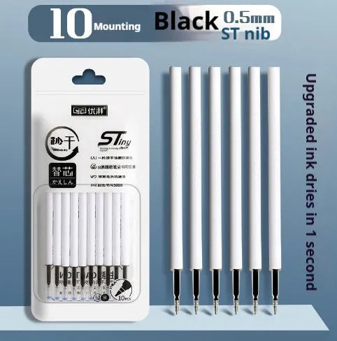 Ten bags of One Second Quick-drying gel pen refill bullets in black, blue, ink blue, and red colours.