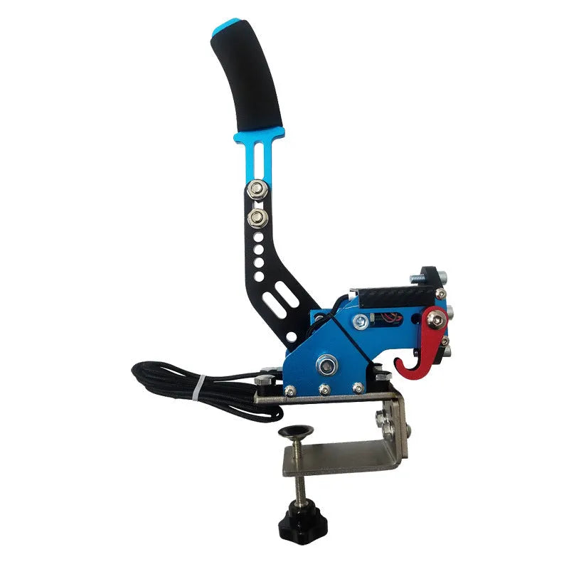 USB linear handbrake for PC racing simulators with aluminium clamp mounted on a wheel base.