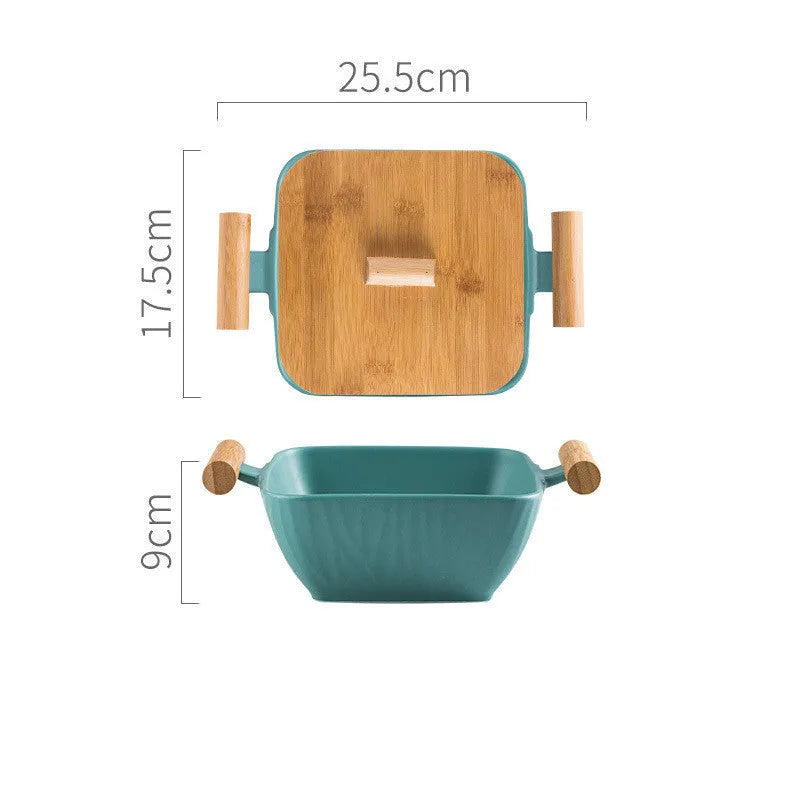 Porcelain ceramic bowl with irregular shape and matching lid in modern design