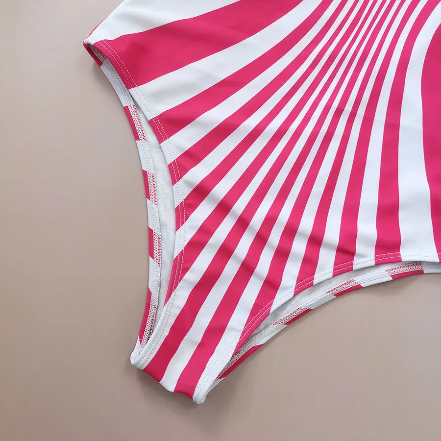 Pink striped women's one-piece swimsuit with digital front and rear printing
