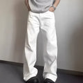 Men's white straight leg jeans with mid-waist zipper fly and loose wide leg cotton denim design