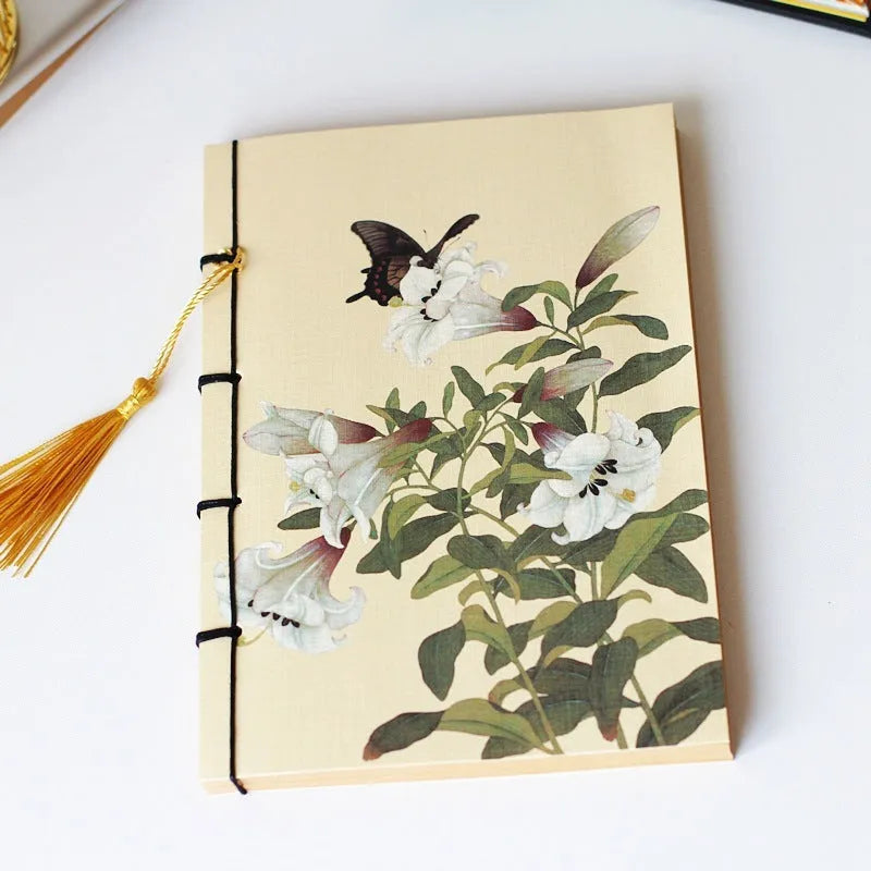 A5 antique wire-bound notebook with retro Chinese painting design on glossy embossed cover