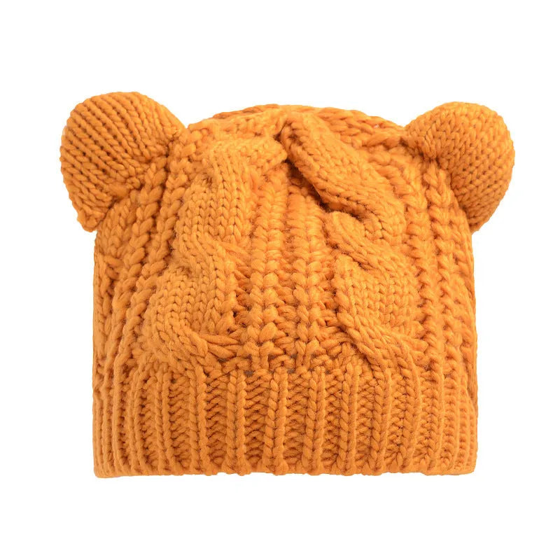 Hand made 3D cat ear knitted winter beanie in wool material showing multiple colour options