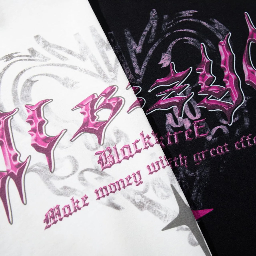 Men's black retro printed cotton t-shirt with round neck and short sleeves on hanger
