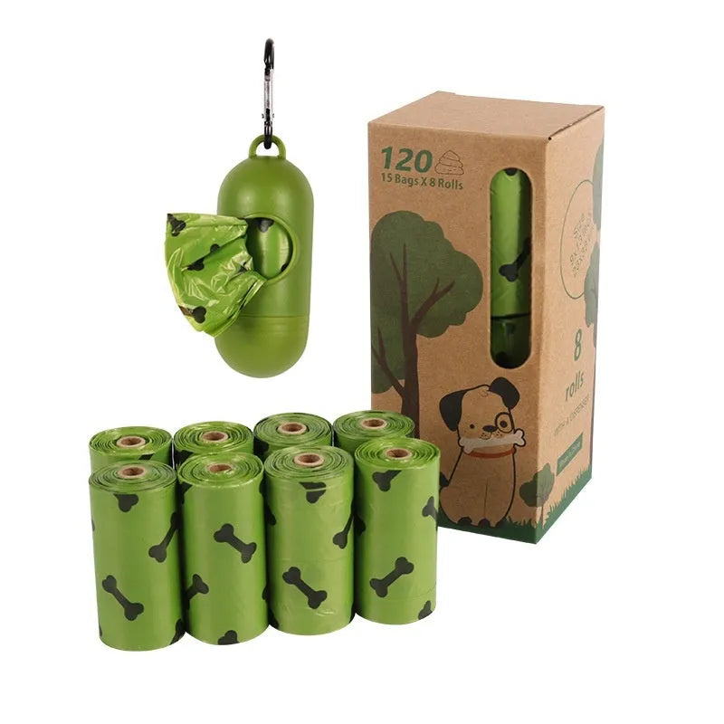 Roll of army green degradable dog poop bags with black bone print, showing bag size of 23x33cm.
