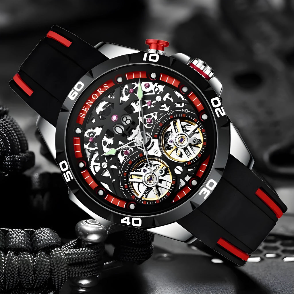 Men's automatic mechanical watch with luminous markers on a hollow blue dial.