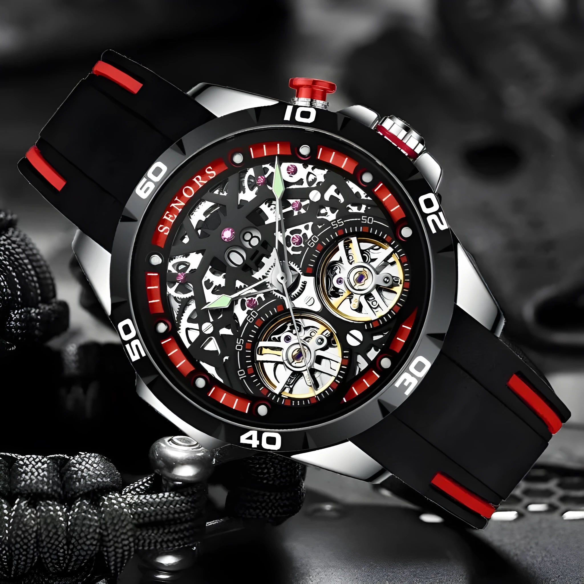 Men's automatic mechanical watch with luminous markers on a hollow blue dial.