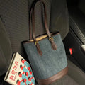 Retro denim patchwork one-shoulder bucket handbag with large capacity storage