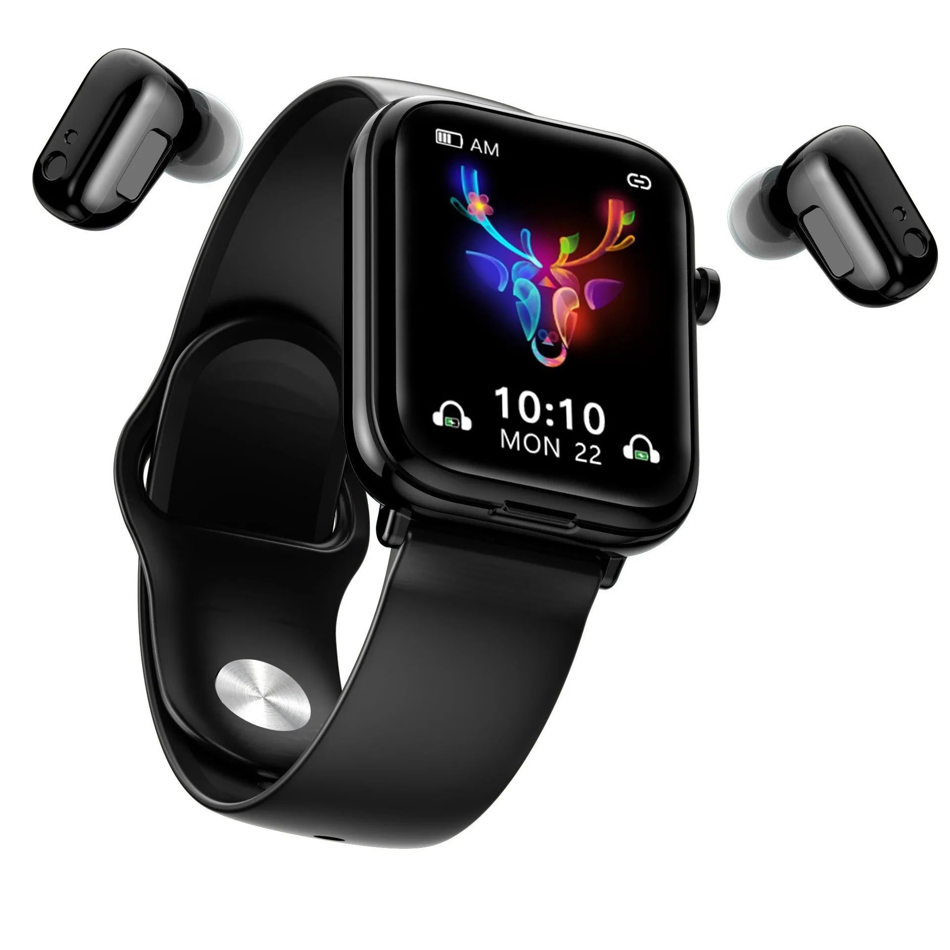 Black smartwatch with 1.69-inch screen and integrated Bluetooth headset stored in charging case.
