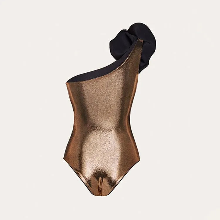 Gold coloured one-piece swimsuit with halter neckline on a model.