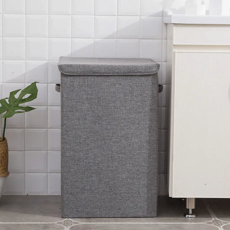 Three-dimensional foldable cotton linen storage basket in grey khaki or brown for clothes and books