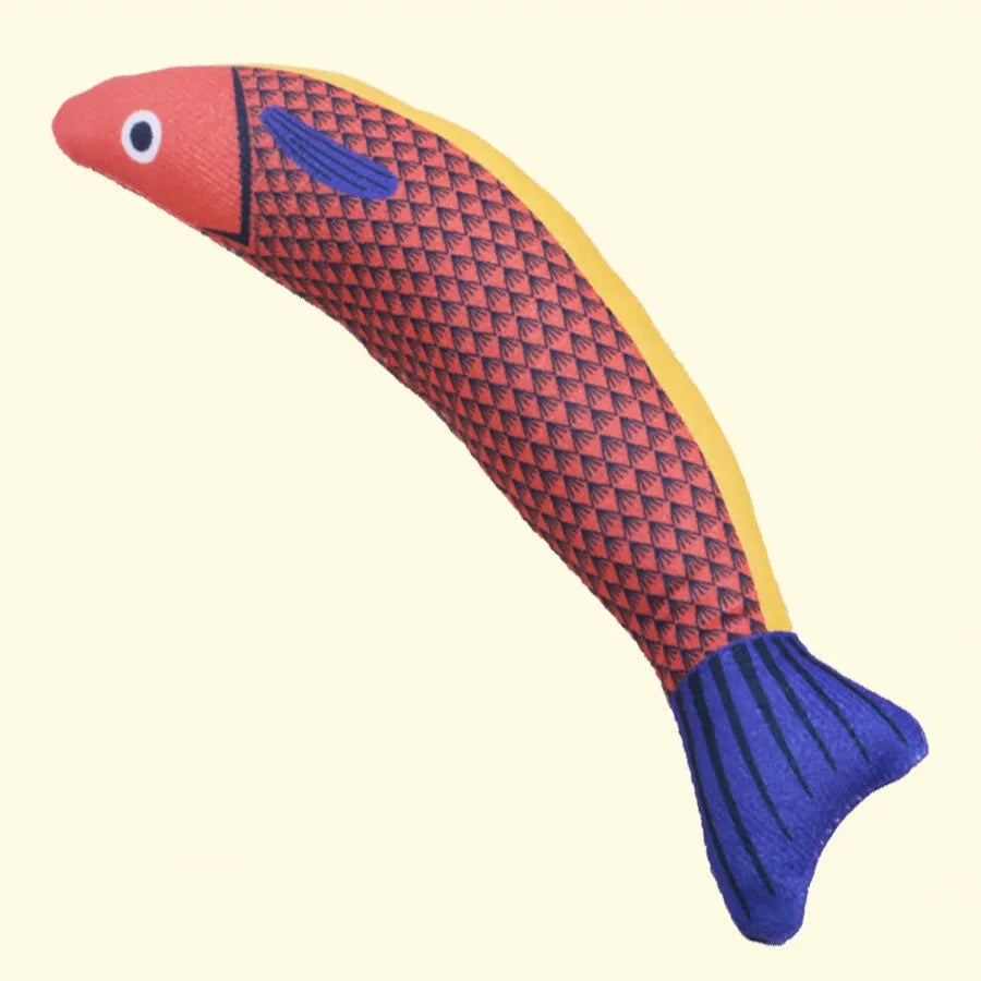 Soft plush fish-shaped cat kicker toy filled with organic catnip in green, orange, and yellow colours.