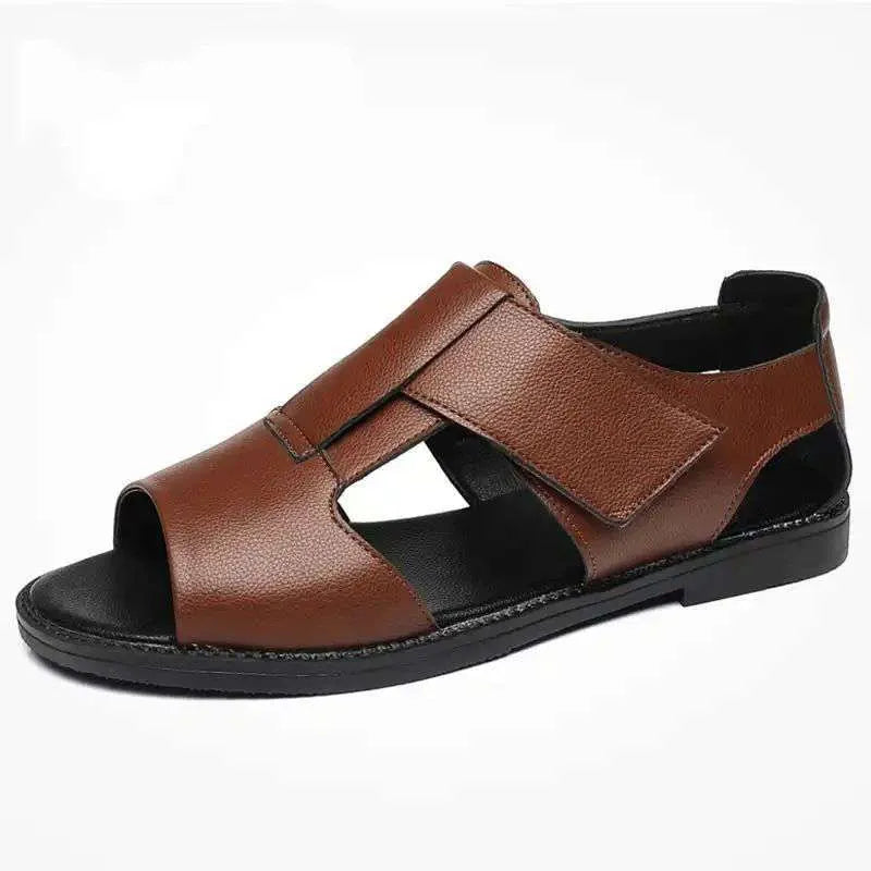 Men's black and brown leather open-toe casual sandals with rubber soles, shown from the side.