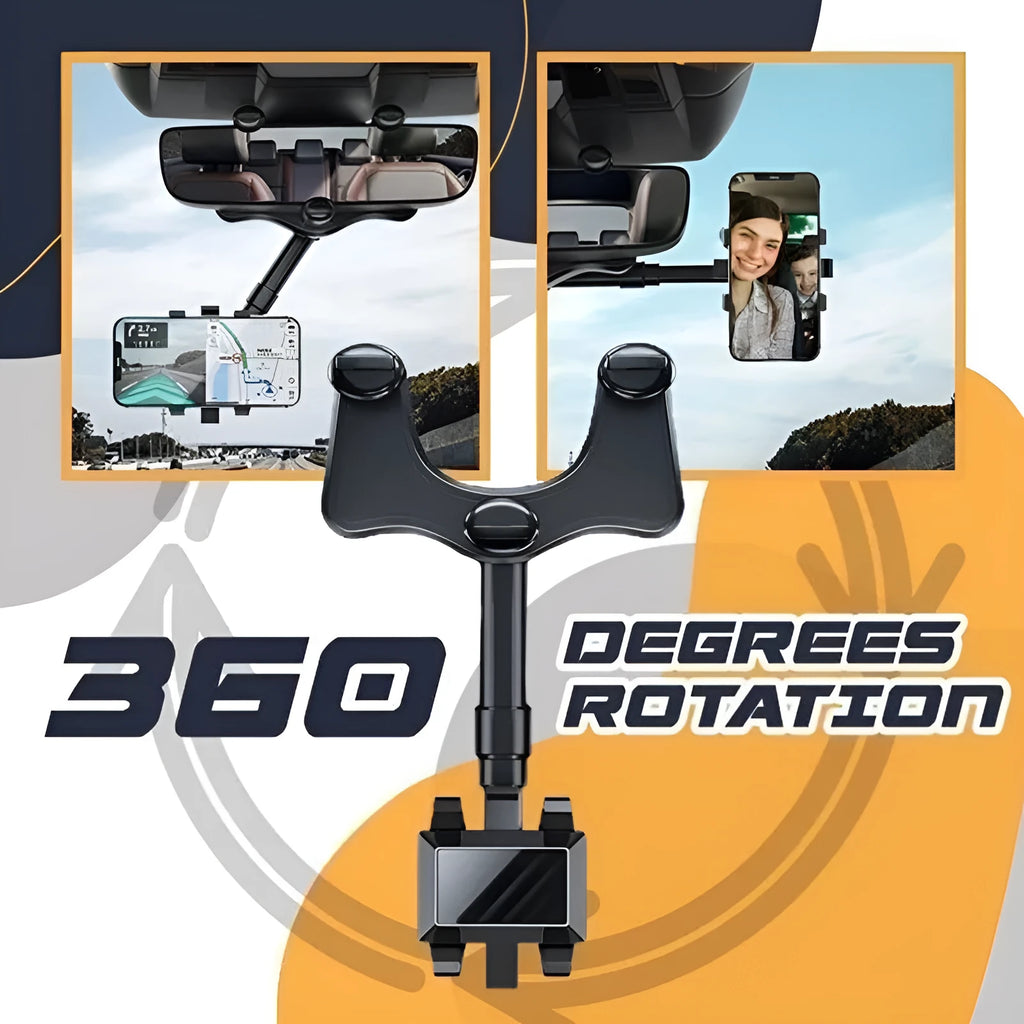 Black rearview mirror phone holder with telescopic arm and 360-degree rotation mechanism
