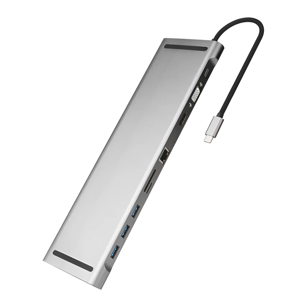 Grey aluminium USB C docking station with ten ports and an integrated laptop cooling bracket.
