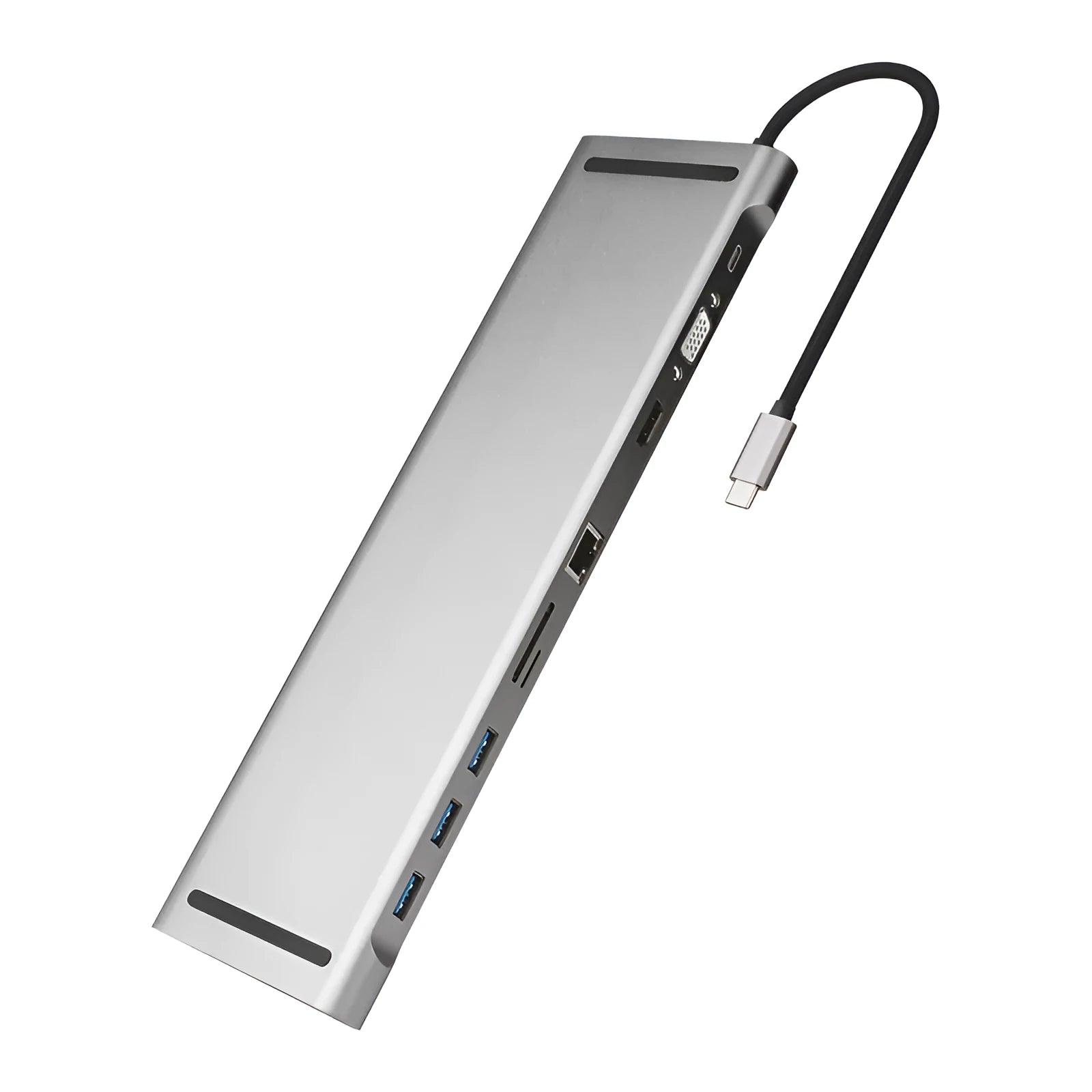 Grey aluminium USB C docking station with ten ports and an integrated laptop cooling bracket.