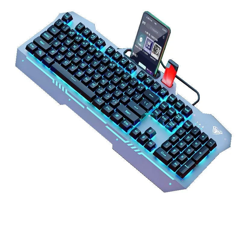 Metal mechanical keyboard bundle with gaming mouse, headset, and optional mouse pad on a desk.
